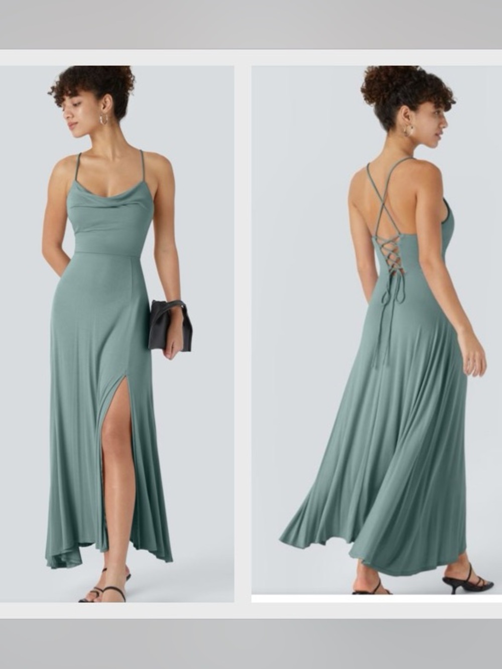 Halara Draped Neck Tie Back Dress Side Slit Clear Green Small